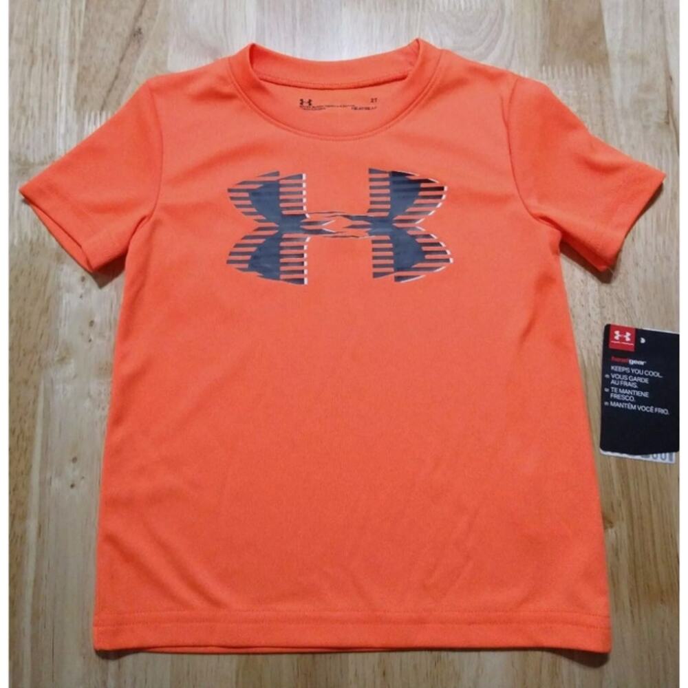 Under Armour Logo T-Shirt Boys Size 4 Velocity Crew Orange Glitch Athletic Tee
